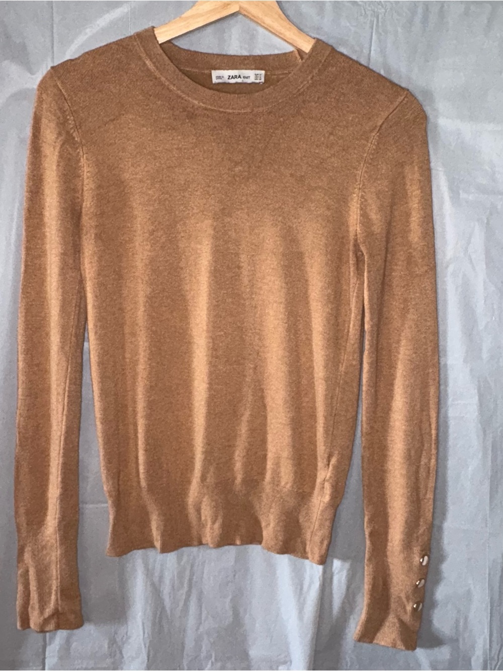 Zara Knit Sweater Womens Sz Med Brown Stretch‎ Gold Buttons Crewneck Basic